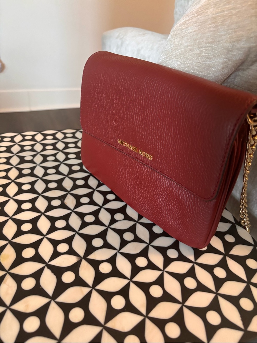 Michael Kors Cherry Red Pebbled Leather Crossbody with Gold Chain